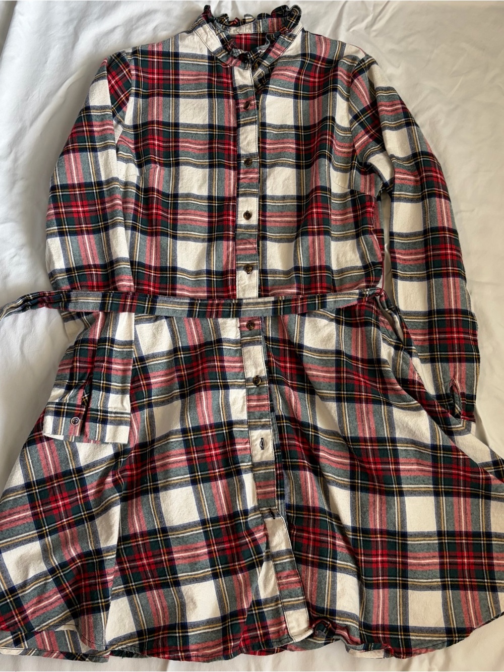 Kiel James Patrick M Cozy Cabin Flannel Plaid Shirtdress Red White Green Belted